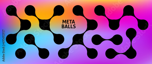 Metaball set on Iridescent background. Black connected morph dots. Liquid blob pattern collection. Integration abstract concept. Rounded design element bundle for logo, icon, tag, poster. Vector pack