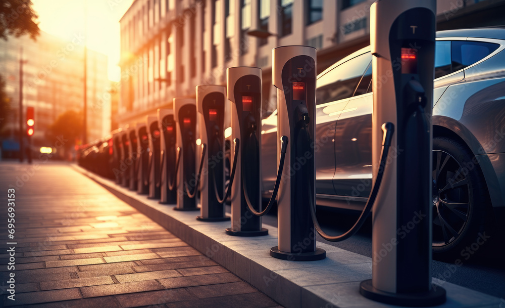 electric cars parked in a row with charging stations, street background  - obrazy, fototapety, plakaty 