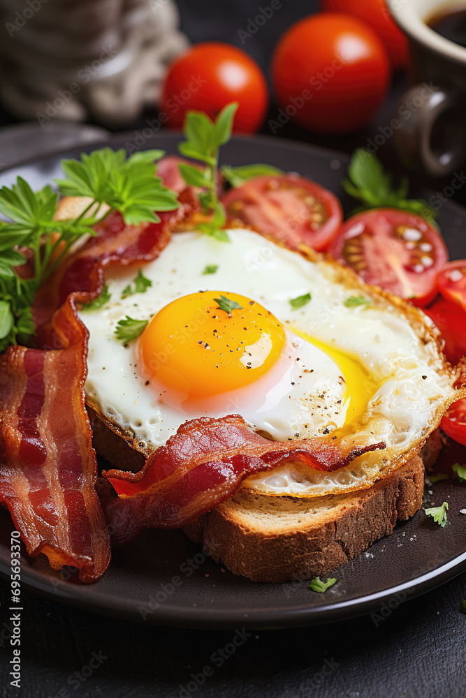 English breakfast with bacon, eggs and toast bread English breakfast with bacon, eggs and toast bread