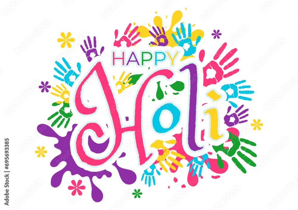 Happy Holi Festival Vector Illustration with Colorful Pot and Powder In Hindi in Colors Celebration Flat Cartoon Background Design