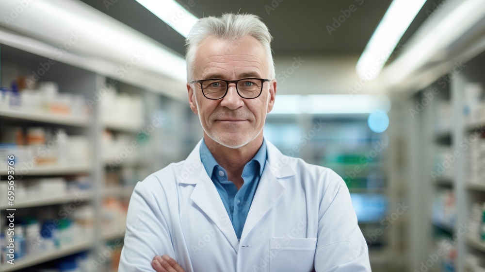 Portrait of confident mature male pharmacist standing with arms crossed Portrait of confident mature male pharmacist standing with arms crossed