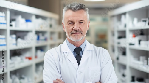 Portrait of confident mature male pharmacist standing with arms crossed 