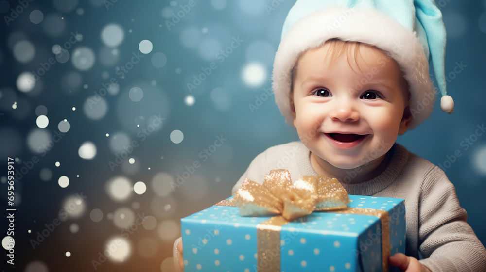 Baby boy with blue Santa hat holding Christmas gift, copy space Baby boy with blue Santa hat holding Christmas gift, copy space