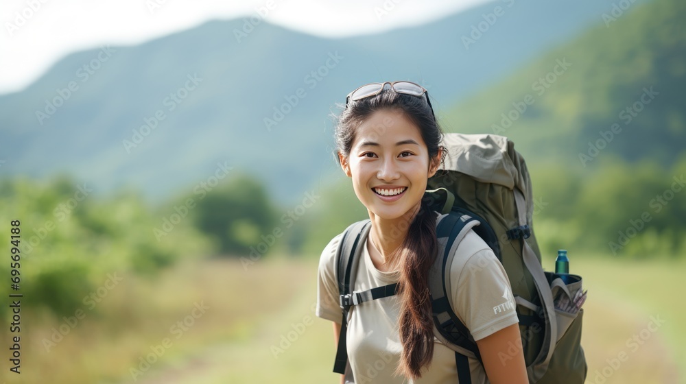 Smiling asian woman with backpack on country hike 