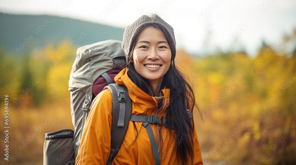 Smiling asian woman with backpack on country hike Smiling asian woman with backpack on country hike