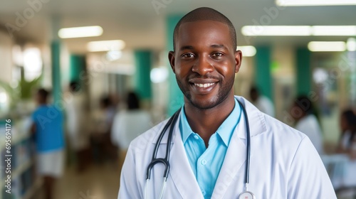Smiling African doctor standing in a hospital 