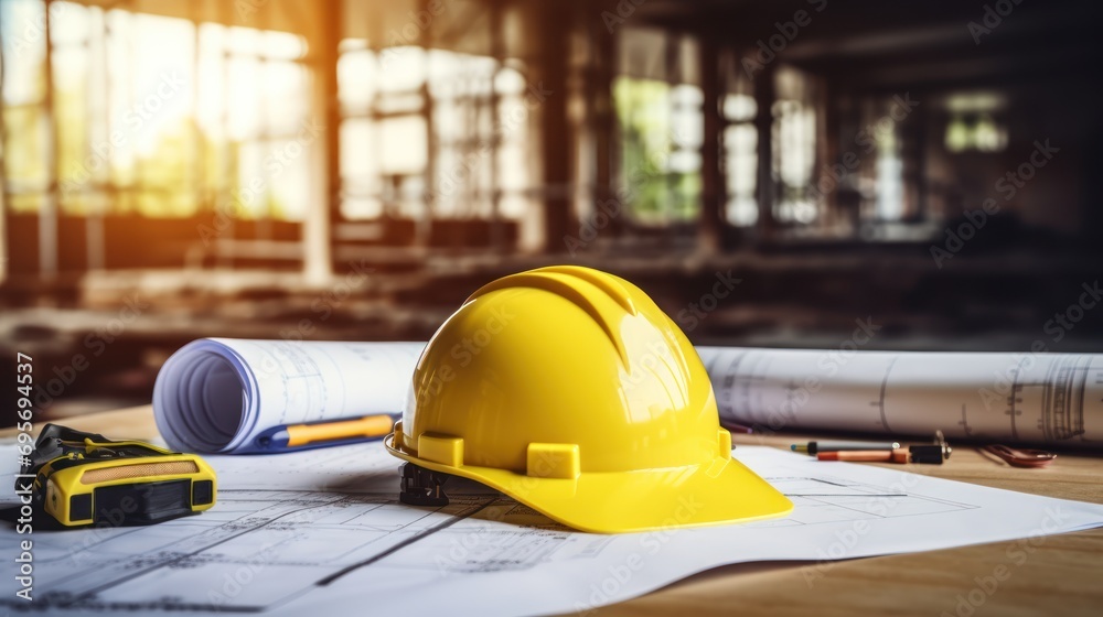 Construction planning concept,Yellow hard safety helmet hat and the blueprint, 