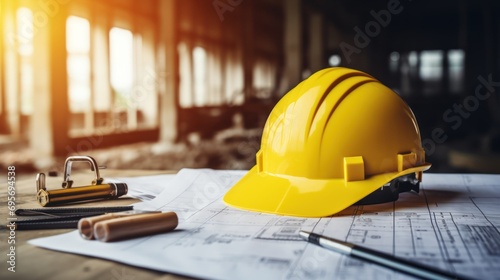 Construction planning concept,Yellow hard safety helmet hat and the blueprint, 