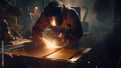 An overhead shot of a Metalworker hunched over his workbench tools spread out around him and bright sparks eminating from the welding machines. photo