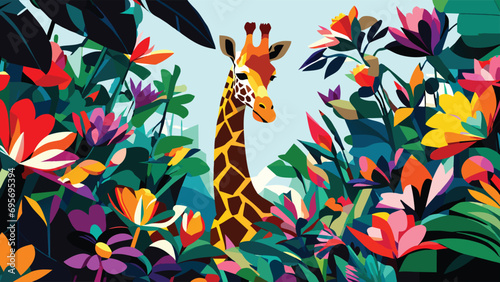abstract vector illustration a giraffe is trying to camouflage itself among large flowers