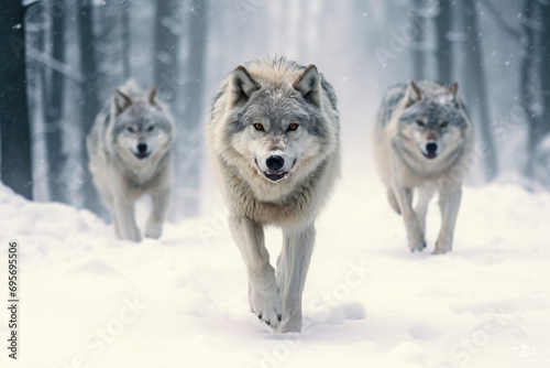 a pack of wolves hunting for prey photo