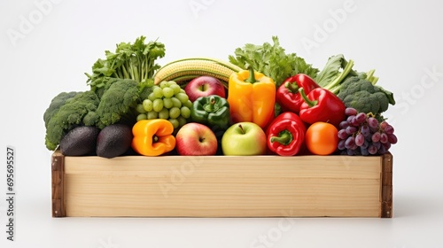  A wooden box filled with fresh fruit and vegetables 