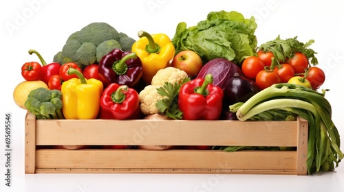 A wooden box filled with fresh fruit and vegetables 