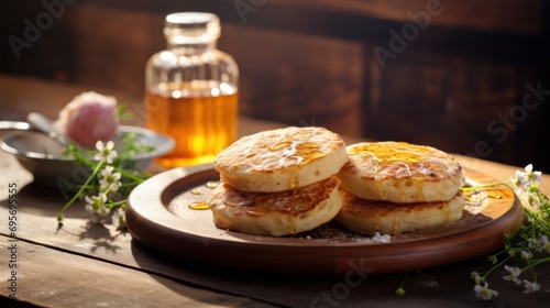 crumpets on a wooden table ,closeup english crumpets  photo