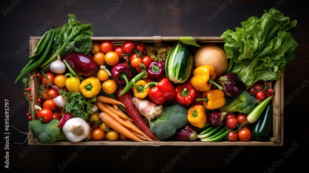 top down view A variety of fresh vegetables harvested ,  cardboard box 