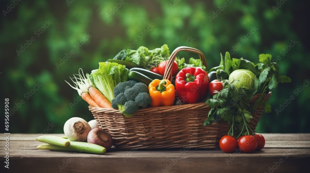 basket with various organic vegetables and fruits Old rough wood background, basket with various organic vegetables and fruits Old rough wood background,