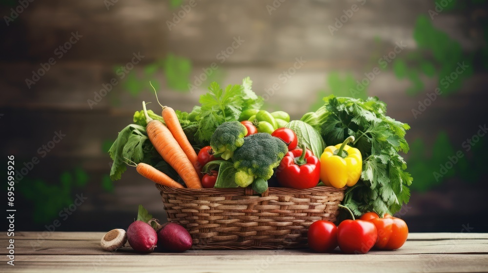 Wicker basket with various organic vegetables Wicker basket with various organic vegetables