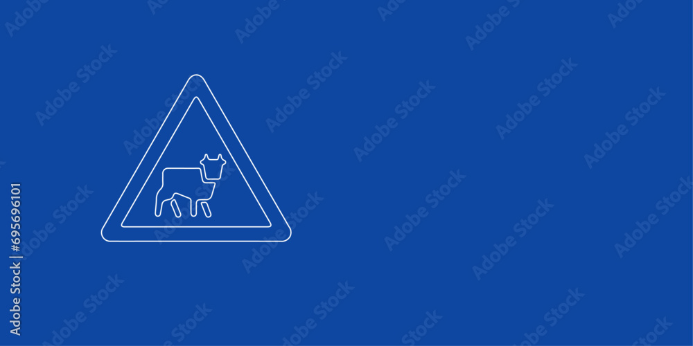 A large white outline pets road sign on the left. Designed as thin white lines. Vector illustration on blue background A large white outline pets road sign on the left. Designed as thin white lines. Vector illustration on blue background
