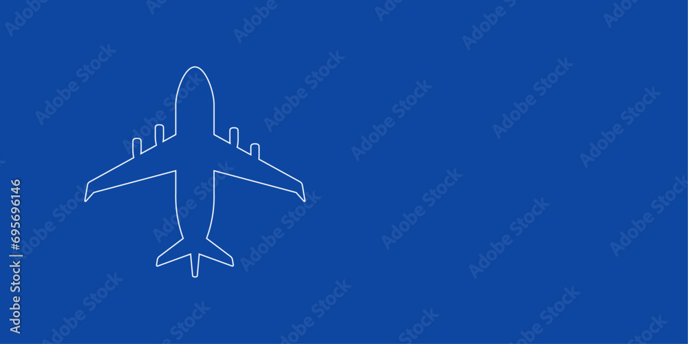 A large white outline airplane symbol on the left. Designed as thin white lines. Vector illustration on blue background A large white outline airplane symbol on the left. Designed as thin white lines. Vector illustration on blue background