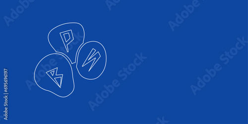 A large white outline divination stones symbol on the left. Designed as thin white lines. Vector illustration on blue background