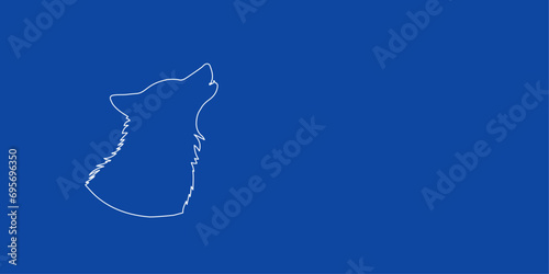 A large white outline wolf head symbol on the left. Designed as thin white lines. Vector illustration on blue background
