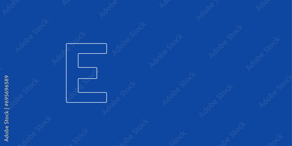 A large white outline capital letter E symbol on the left. Designed as thin white lines. Vector illustration on blue background A large white outline capital letter E symbol on the left. Designed as thin white lines. Vector illustration on blue background