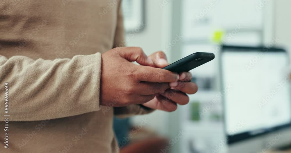Man, hands and walking with phone in office for social network, business contact and online chat. Closeup, employee and typing on smartphone, digital software or search mobile app in coworking agency Man, hands and walking with phone in office for social network, business contact and online chat. Closeup, employee and typing on smartphone, digital software or search mobile app in coworking agency