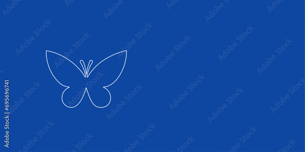 A large white outline butterfly symbol on the left. Designed as thin white lines. Vector illustration on blue background A large white outline butterfly symbol on the left. Designed as thin white lines. Vector illustration on blue background