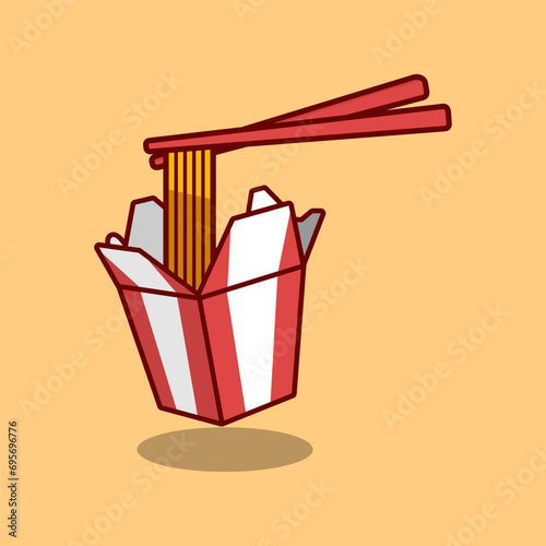 Takeaway carton box noodles with chopsticks. Take out red and white carton food package Traditional Chinese and Thai dish. vector illustration isolated on brown.