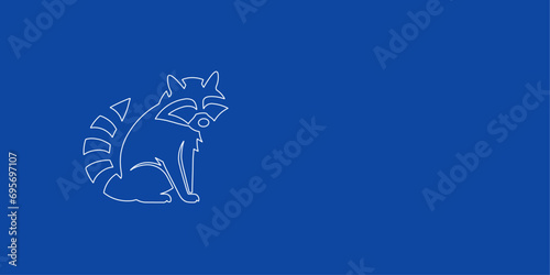 A large white outline raccoon symbol on the left. Designed as thin white lines. Vector illustration on blue background