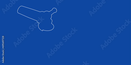 A large white outline angle grinder symbol on the left. Designed as thin white lines. Vector illustration on blue background