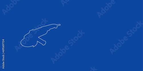 A large white outline angle grinder symbol on the left. Designed as thin white lines. Vector illustration on blue background