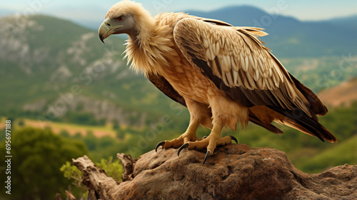 Estremadura, Griffon vulture in a detailed portrait, standing on a rock. Generative AI photo