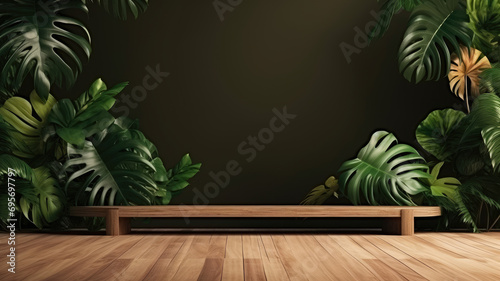 Empty wooden room decoration with tropical plant decorations  monstera leaves  and a empty table for show your products