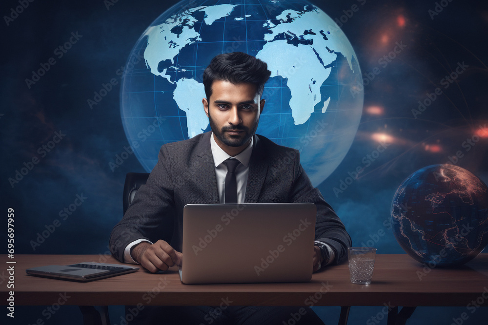 young businessman or news anchor working on laptop young businessman or news anchor working on laptop