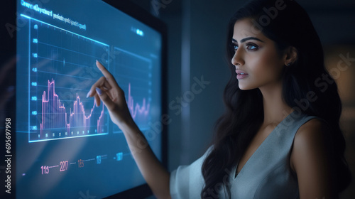 Young businesswoman looking of stock market graph on screen