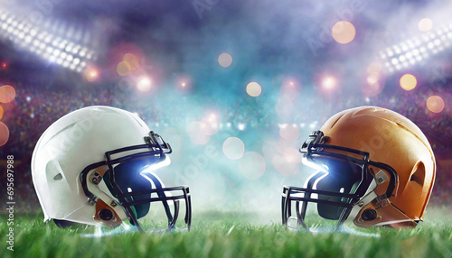 American football helmets facing each other on football field with stadium lights. Sports background
