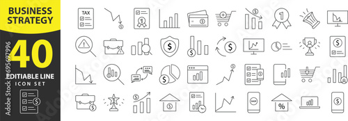 Strategic Mastery: Customizable Vector Icons for Modern Business - Thin Line Illustrations Covering Goals, Ideas, Methods, Finance, analysis, arrow, chart, documents, dollar, editable, finance,