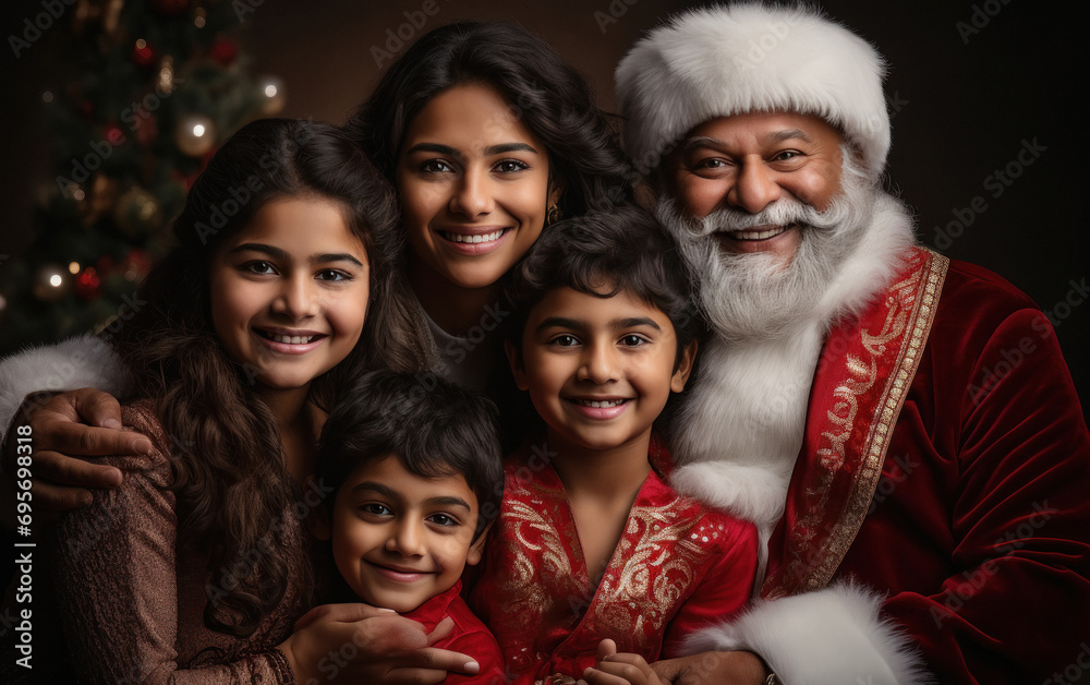 A man in santa clause costume, sitting with child and celebrating christmas