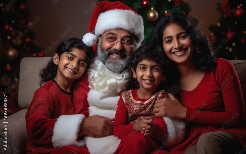 A man in santa clause costume, sitting with child and celebrating christmas