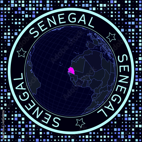 Senegal on globe vector. Futuristic satelite view of the world centered to Senegal. Geographical illustration with shape of country and squares background. Bright neon colors on dark background.