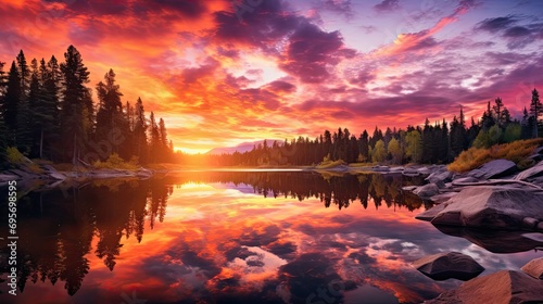 Panorama of beautiful sunrise over lake © paisorn