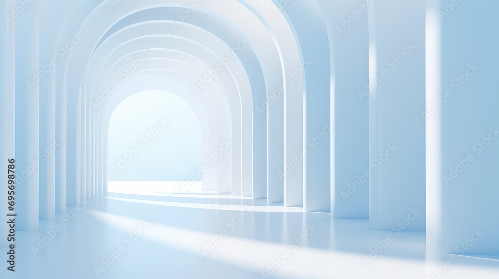 Beautiful airy widescreen minimalistic white and light blue architectural background banner with tilted columns. Generative Ai