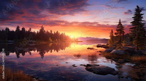 Panorama piękny wschód słońca nad jeziorem