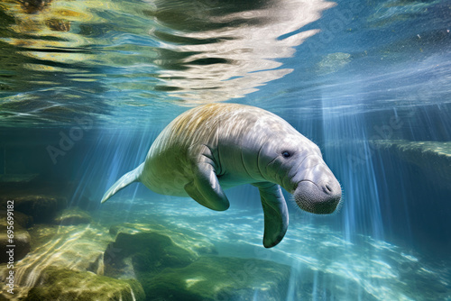 Manatee gliding gracefully through the tranquil waters of a lush aquatic haven © Veniamin Kraskov