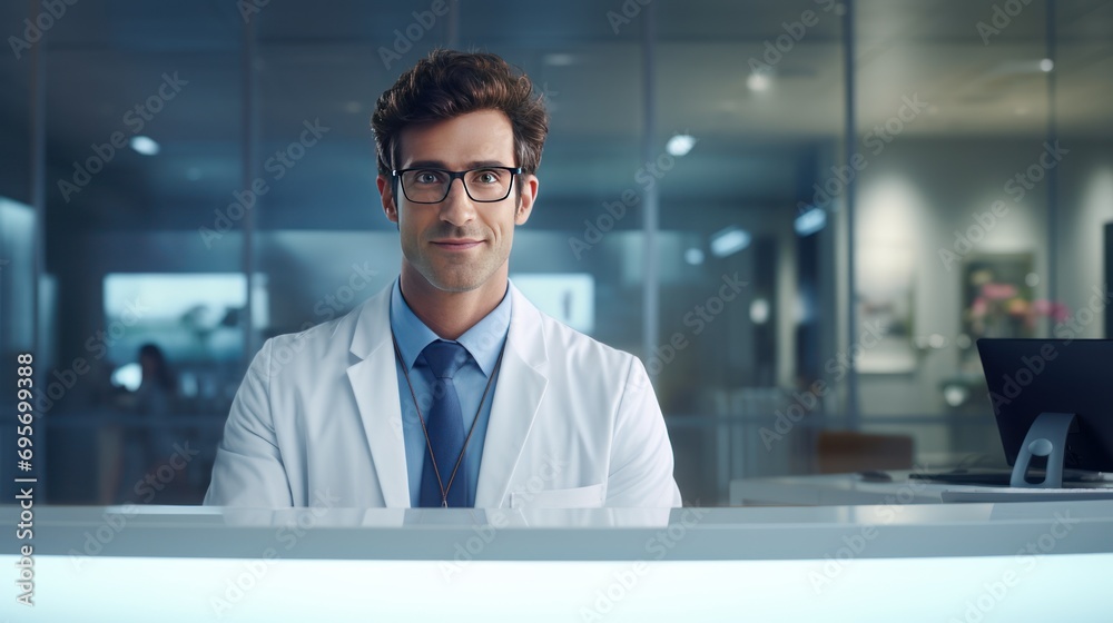 Obraz premium Confident doctor at the reception desk looking at camera
