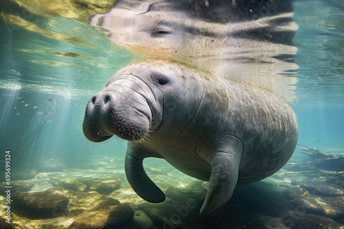 Manatee gliding gracefully through the tranquil waters of a lush aquatic haven