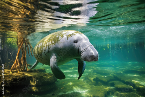 Manatee gliding gracefully through the tranquil waters of a lush aquatic haven