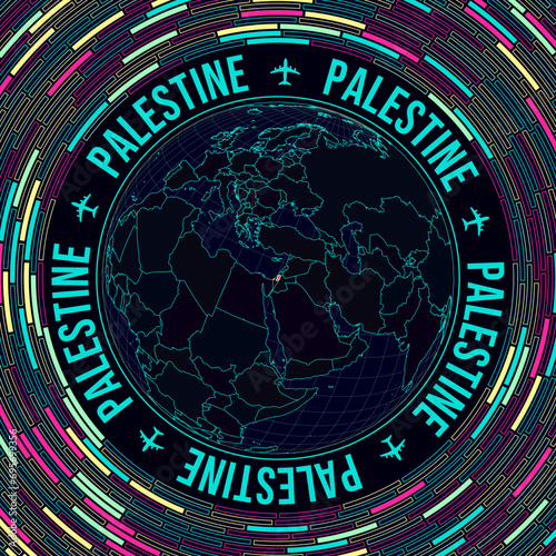 Palestine on globe. Satellite view of the world centered on Palestine. Bright neon style. Futuristic radial bricks background. Neat vector illustration.