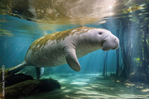 Manatee gliding gracefully through the tranquil waters of a lush aquatic haven